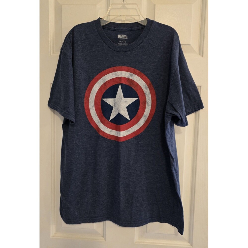 Marvel TShirt L Captain America Shield Graphic Logo Blue Distressed Avengers Fan